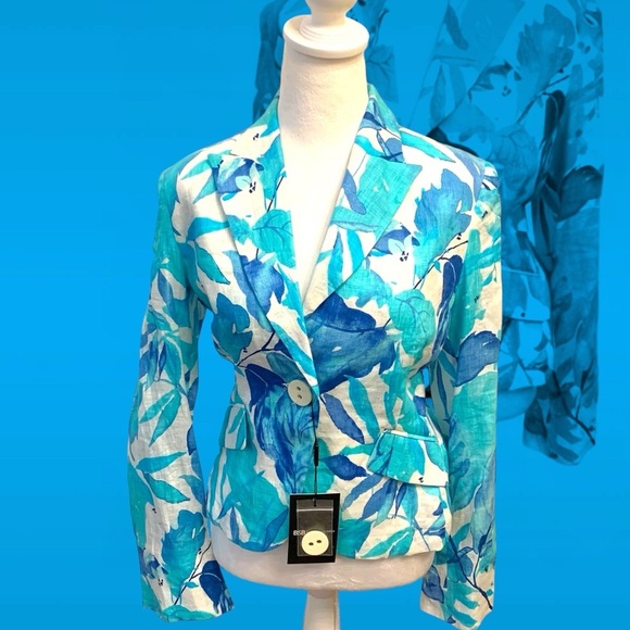 BSB 100% linen blazer teal blue white watercolor leaf design tailored fit NWT 6 - Picture 1 of 10